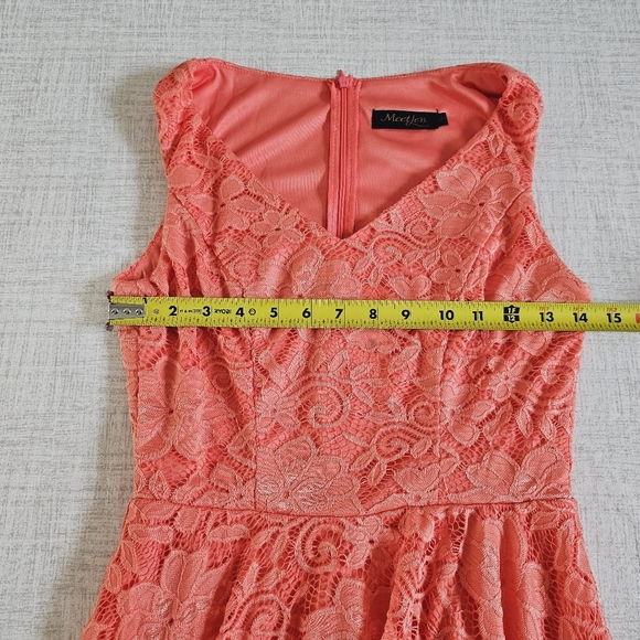 NWOT Meetjen Women's Vintage Floral Lace Asymmetrical Hem Coral Cocktail Dress - Picture 10 of 12